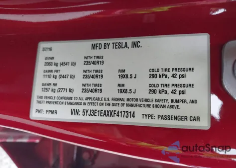 2019 Tesla Model 3 Long Range/Mid Range/Standard Range/Standard Range Plus from USA, damaged, VIN 5YJ3E1EAXKF417314